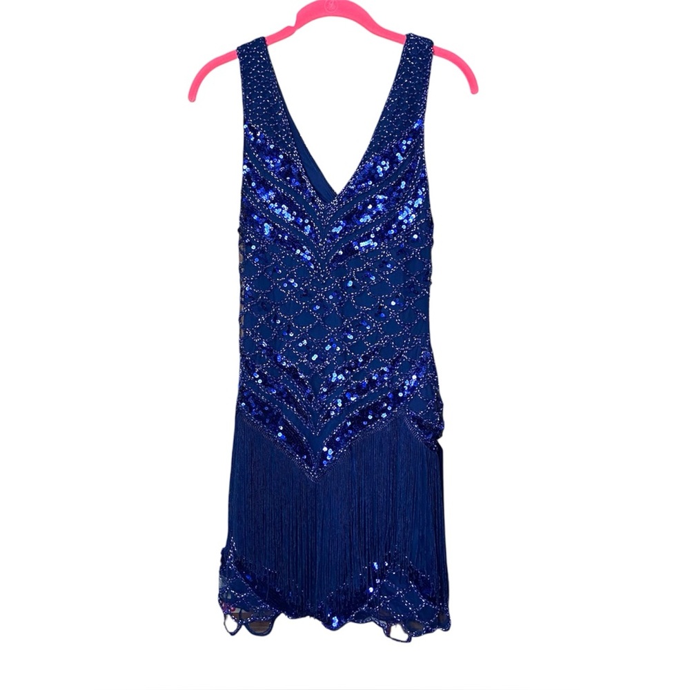 Lulus NWT Sparkling Flair Navy Blue Sequin Beaded Fringe Mini Dress M Glam Party - Picture 2 of 7